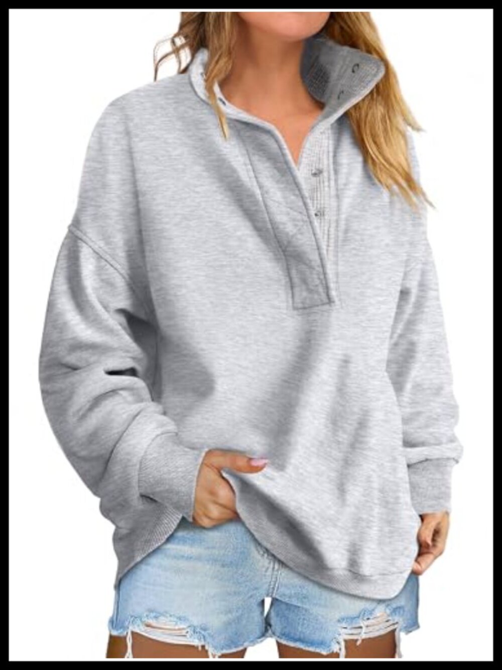 Oversized Henley Sweatshirt Mock Neck Drop Shoulder Rayon Polyester